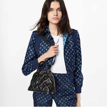 Louis Vuitton LV Women Alma BB Handbag Black Quilted Embroidered Smooth Calf Leather