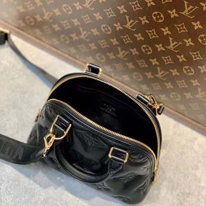 Louis Vuitton LV Women Alma BB Handbag Black Quilted Embroidered Smooth Calf Leather