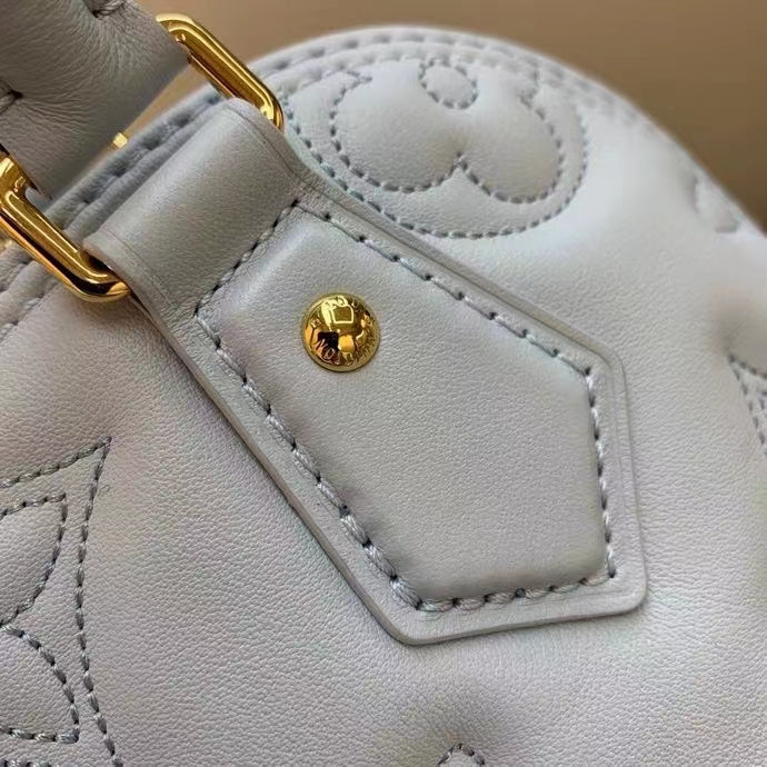 Louis Vuitton LV Women Alma BB Handbag Blue Quilted Embroidered Smooth Calf