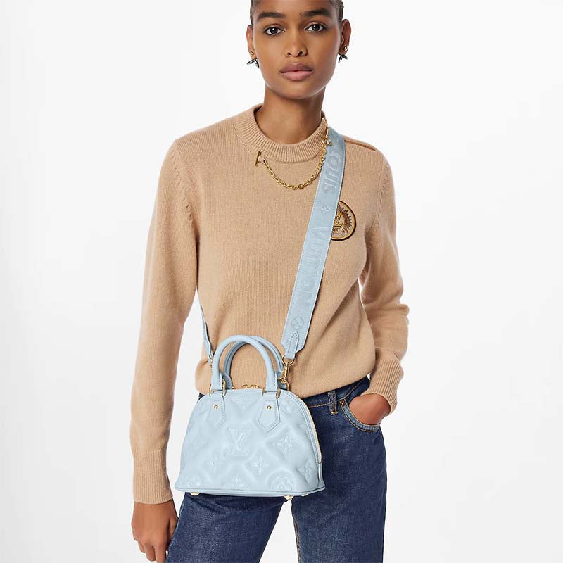 Louis Vuitton LV Women Alma BB Handbag Blue Quilted Embroidered Smooth Calf