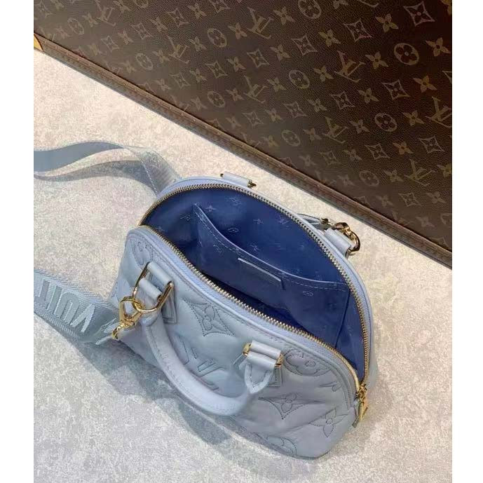Louis Vuitton LV Women Alma BB Handbag Blue Quilted Embroidered Smooth Calf