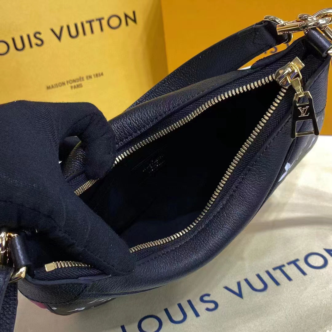 Louis Vuitton LV Women Bagatelle Black Handbag Printed Embossed Grained Cowhide Leather