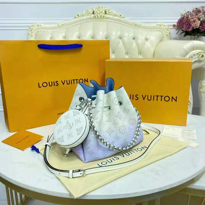 Louis Vuitton LV Women Bella Bucket Bag Gradient Blue Mahina Perforated Calf Leather