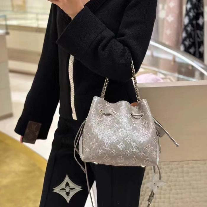 Louis Vuitton LV Women Bella Bucket Bag Gray Mahina Perforated Calfskin Leather Microfiber Lining
