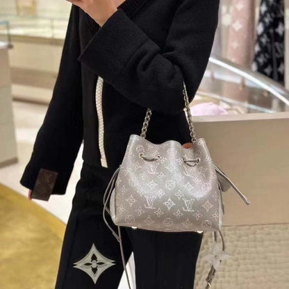 Louis Vuitton LV Women Bella Bucket Bag Gray Mahina Perforated Calfskin Leather Microfiber Lining