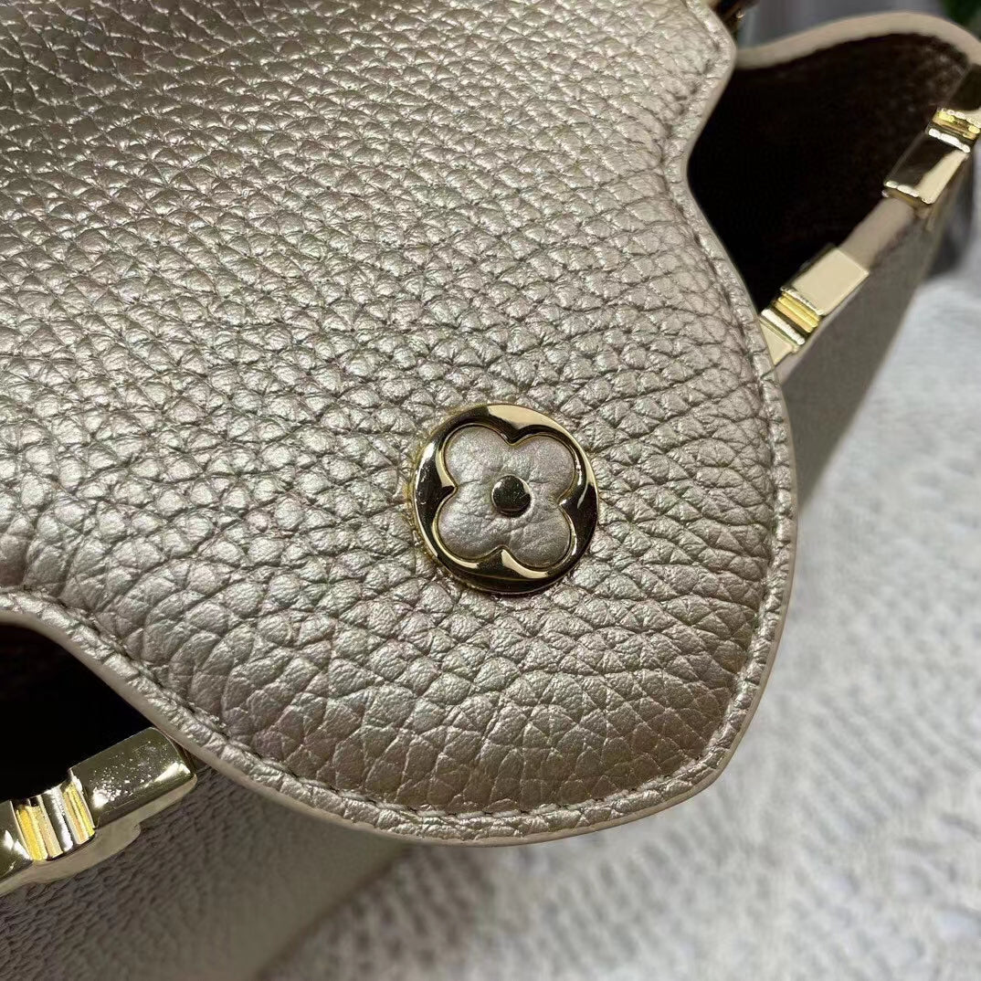 Louis Vuitton LV Women Capucines BB Hand Bag Etain Metallic Gray Taurillon Leather