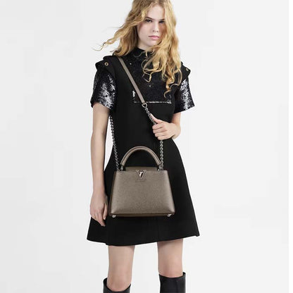Louis Vuitton LV Women Capucines BB Hand Bag Etain Metallic Gray Taurillon Leather
