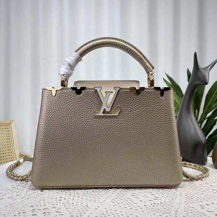 Louis Vuitton LV Women Capucines BB Hand Bag Etain Metallic Gray Taurillon Leather