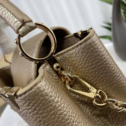 Louis Vuitton LV Women Capucines BB Hand Bag Etain Metallic Gray Taurillon Leather