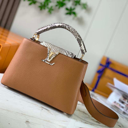Louis Vuitton LV Women Capucines BB Handbag Brown Taurillon Python Skin Leather
