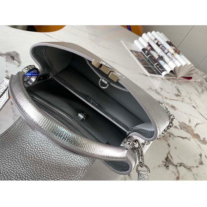 Louis Vuitton LV Women Capucines BB Handbag Etain Metallic Gray Taurillon Leather