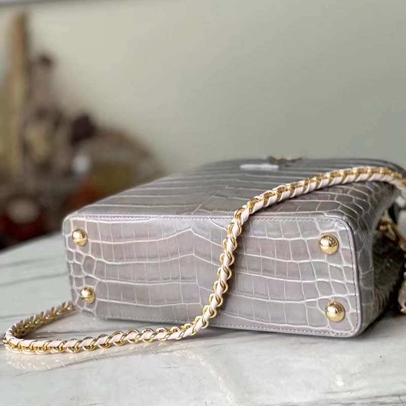 Louis Vuitton LV Women Capucines BB Handbag Grey Crocodilian Leather