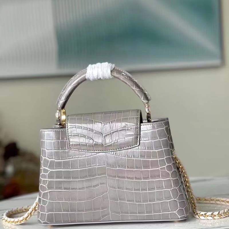 Louis Vuitton LV Women Capucines BB Handbag Grey Crocodilian Leather