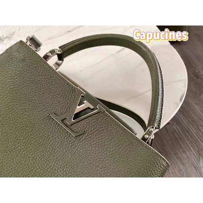 Louis Vuitton LV Women Capucines BB Handbag Kaki Dark Green Taurillon Cowhide Leather