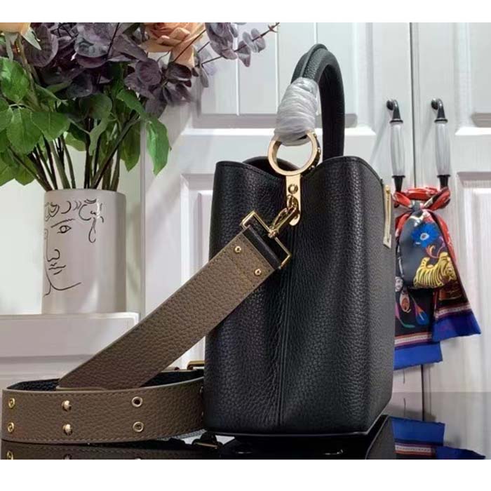 Louis Vuitton LV Women Capucines MM Handbag Black Fusain Cognac Taurillon Cowhide Leather