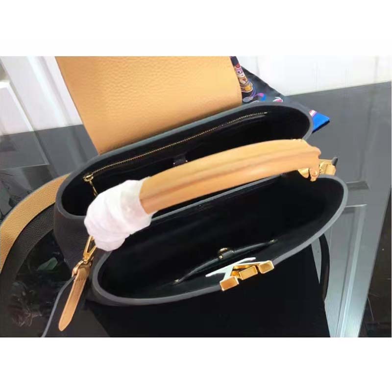 Louis Vuitton LV Women Capucines MM Handbag Black Gold Arizona Taurillon Leather
