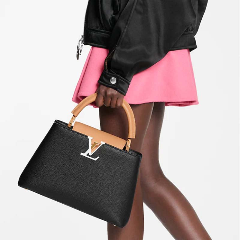Louis Vuitton LV Women Capucines MM Handbag Black Gold Arizona Taurillon Leather