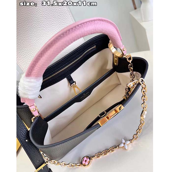 Louis Vuitton LV Women Capucines MM Handbag Black Pink Taurillon Leather