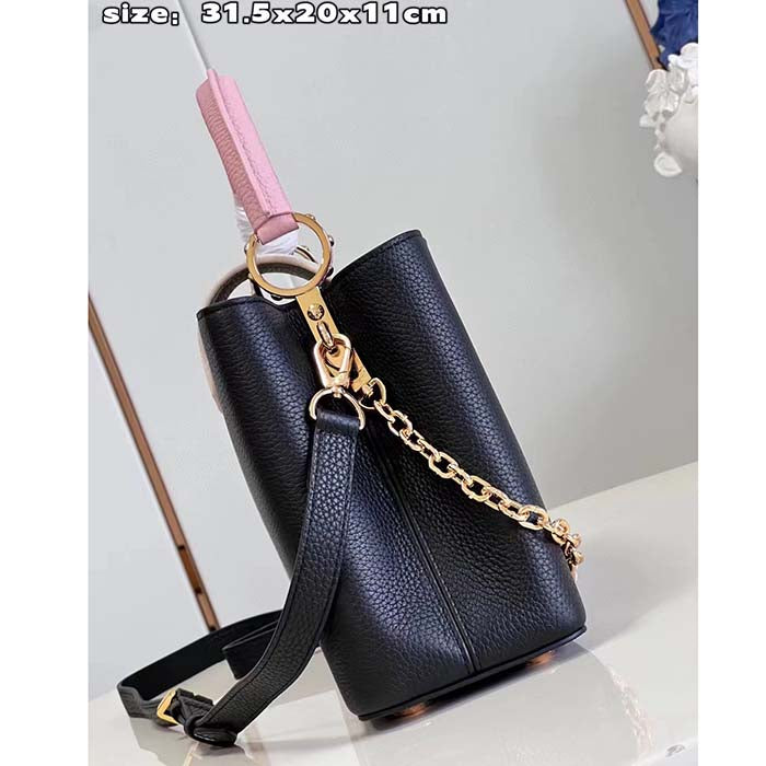 Louis Vuitton LV Women Capucines MM Handbag Black Pink Taurillon Leather
