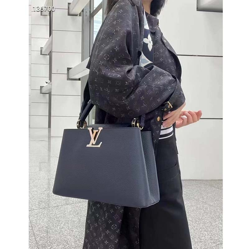 Louis Vuitton LV Women Capucines MM Handbag Blue Navy Taurillon Leather Canvas