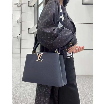 Louis Vuitton LV Women Capucines MM Handbag Blue Navy Taurillon Leather Canvas