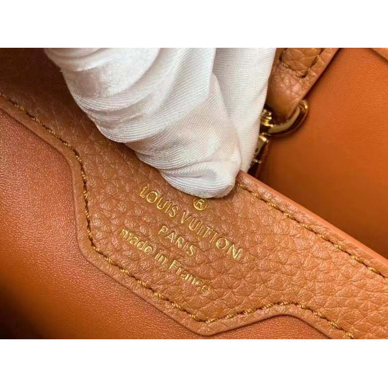 Louis Vuitton LV Women Capucines MM Handbag Caramel Brown Taurillon Leather Canvas