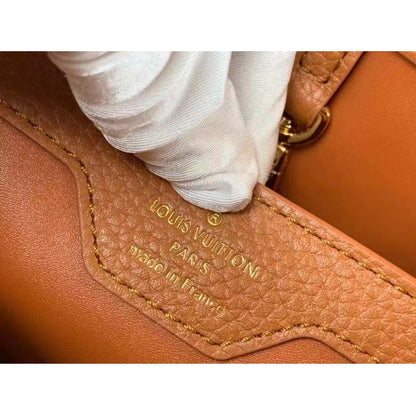 Louis Vuitton LV Women Capucines MM Handbag Caramel Brown Taurillon Leather Canvas