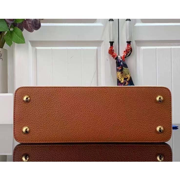 Louis Vuitton LV Women Capucines MM Handbag Caramel Brown Taurillon Leather Canvas