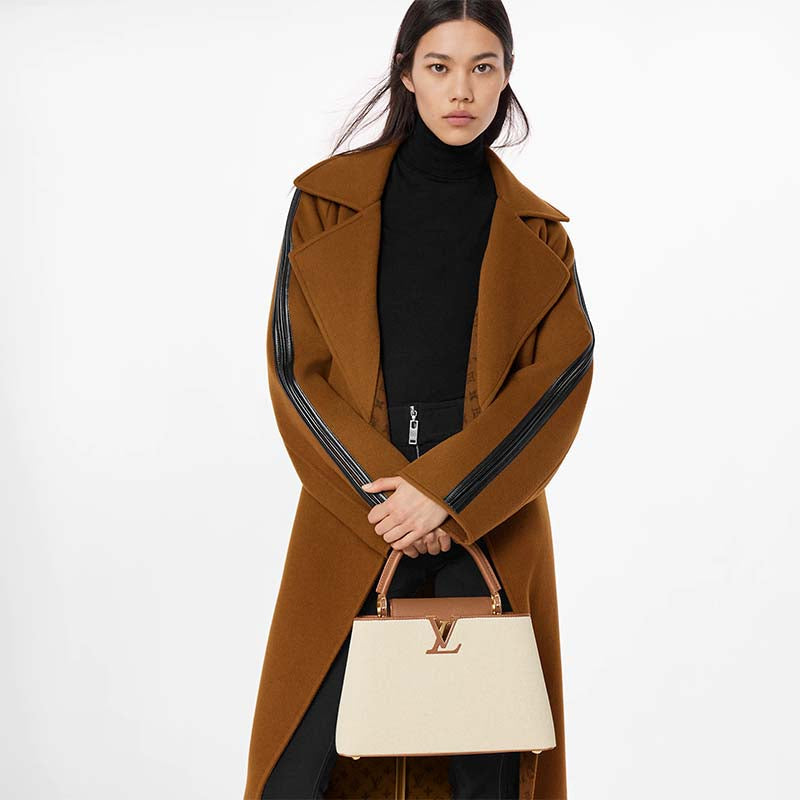 Louis Vuitton LV Women Capucines MM Handbag Caramel Brown Taurillon Leather Canvas