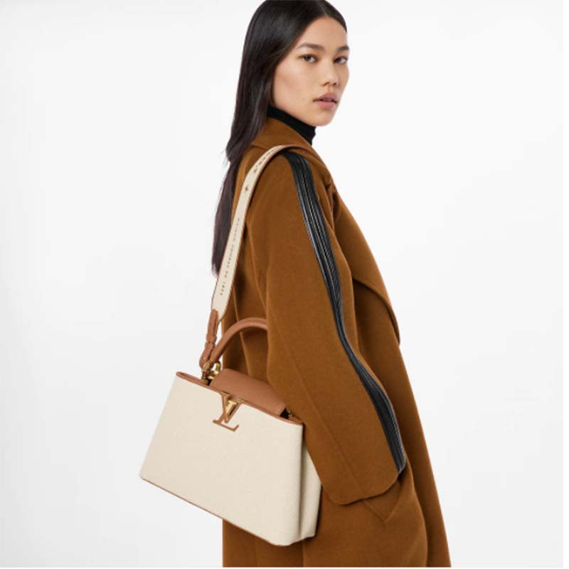 Louis Vuitton LV Women Capucines MM Handbag Caramel Brown Taurillon Leather Canvas