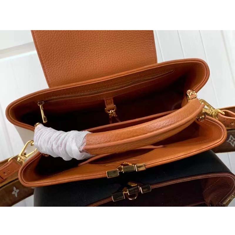 Louis Vuitton LV Women Capucines MM Handbag Caramel Brown Taurillon Leather Canvas