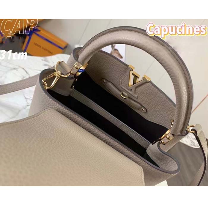 Louis Vuitton LV Women Capucines MM Handbag Galet Gray Taurillon Cowhide Leather
