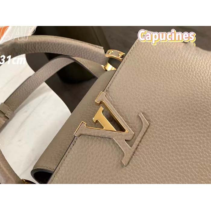 Louis Vuitton LV Women Capucines MM Handbag Galet Gray Taurillon Cowhide Leather