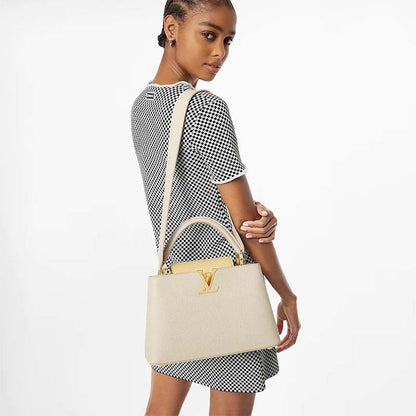 Louis Vuitton LV Women Capucines MM Handbag Yellow Beige Taurillon Leather Canvas