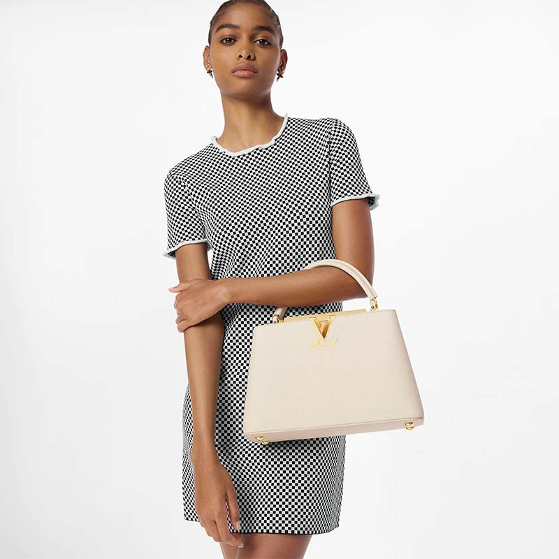 Louis Vuitton LV Women Capucines MM Handbag Yellow Beige Taurillon Leather Canvas