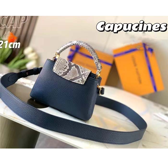 Louis Vuitton LV Women Capucines Mini Handbag Navy Taurillon Leather Python Skin
