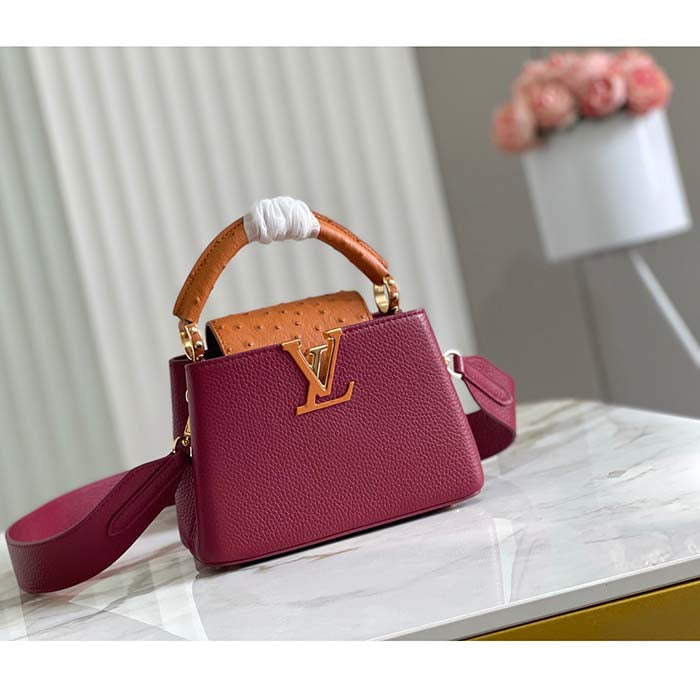 Louis Vuitton LV Women Capucines Mini Handbag Red Taurillon Ostrich Leather