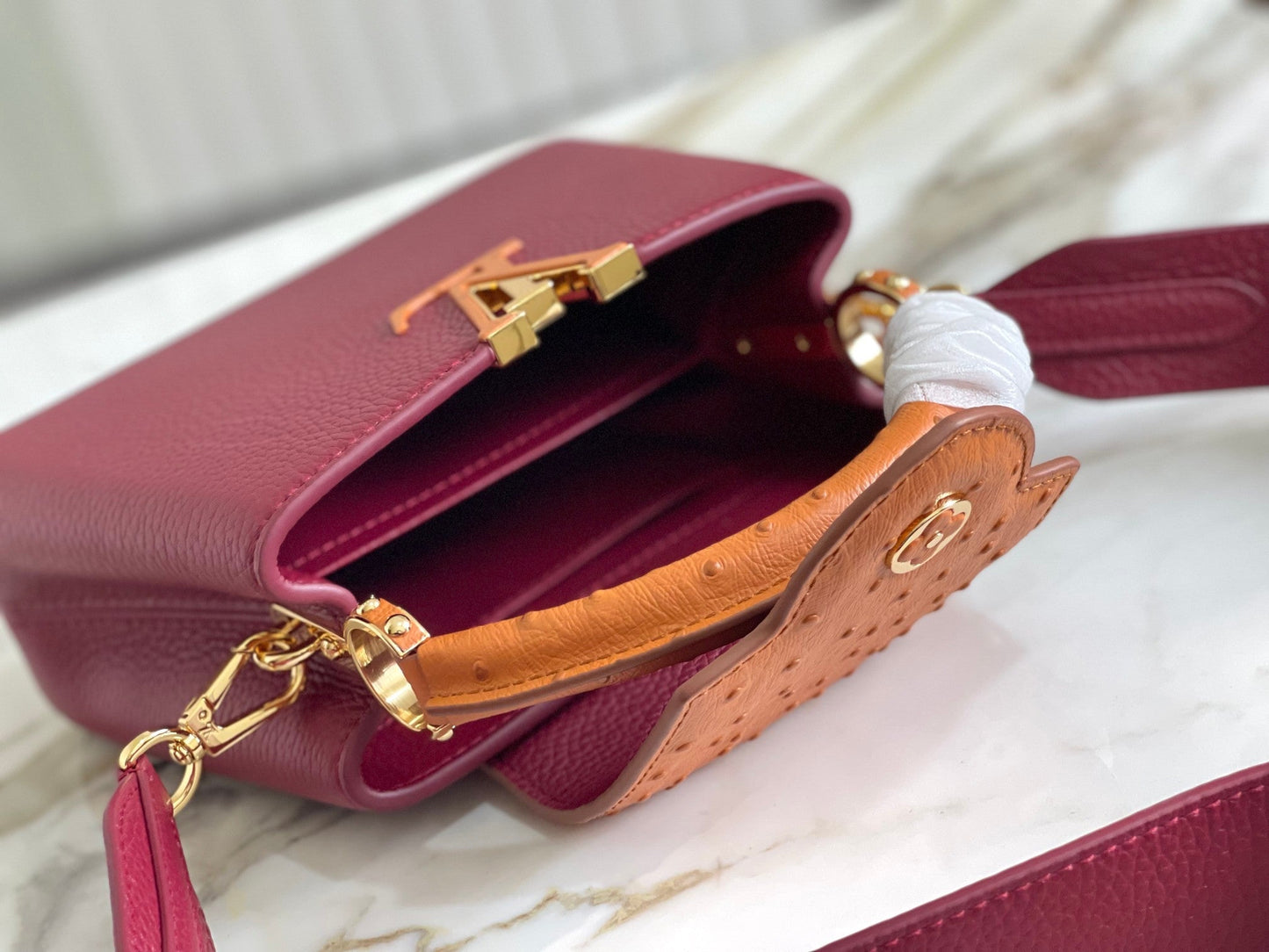 Louis Vuitton LV Women Capucines Mini Handbag Red Taurillon Ostrich Leather