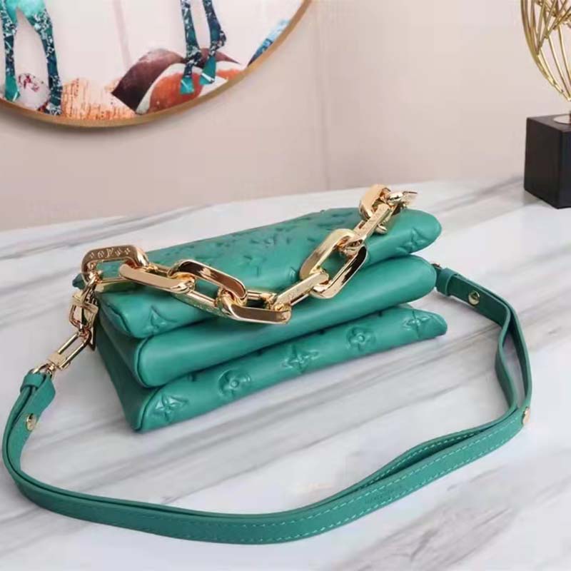 Louis Vuitton LV Women Coussin BB Handbag Emerald Monogram Embossed Puffy Lambskin