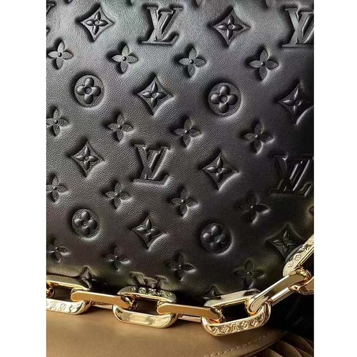 Louis Vuitton LV Women Coussin MM Handbag Black Monogram Embossed Puffy Lambskin