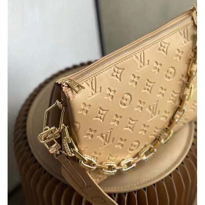 Louis Vuitton LV Women Coussin PM Handbag Camel Monogram Embossed Puffy Lambskin Calfskin Leather