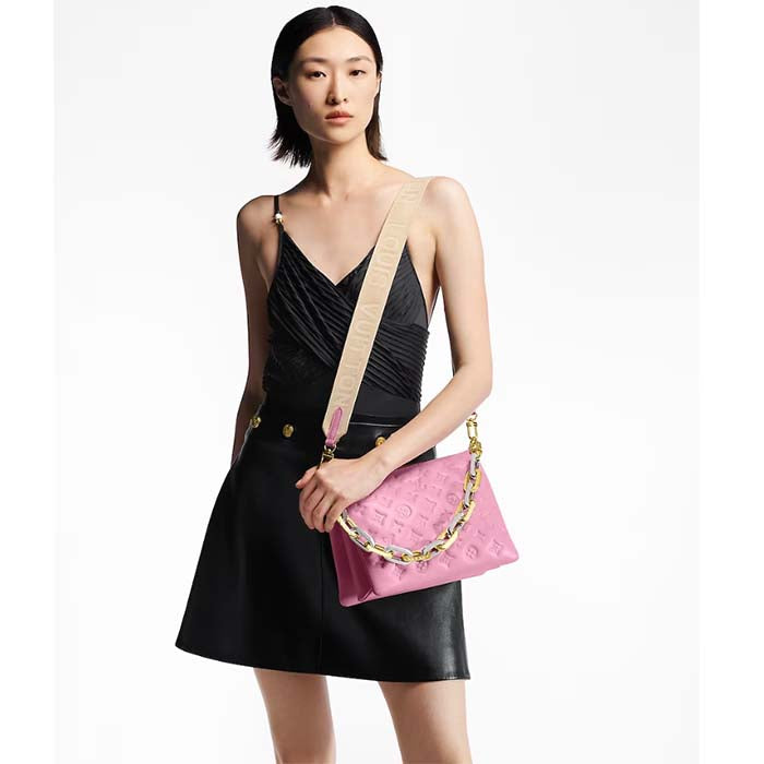 Louis Vuitton LV Women Coussin PM Handbag Rose Bonbon Pink Lambskin Cowhide Leather