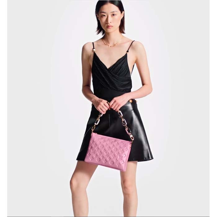 Louis Vuitton LV Women Coussin PM Handbag Rose Bonbon Pink Lambskin Cowhide Leather