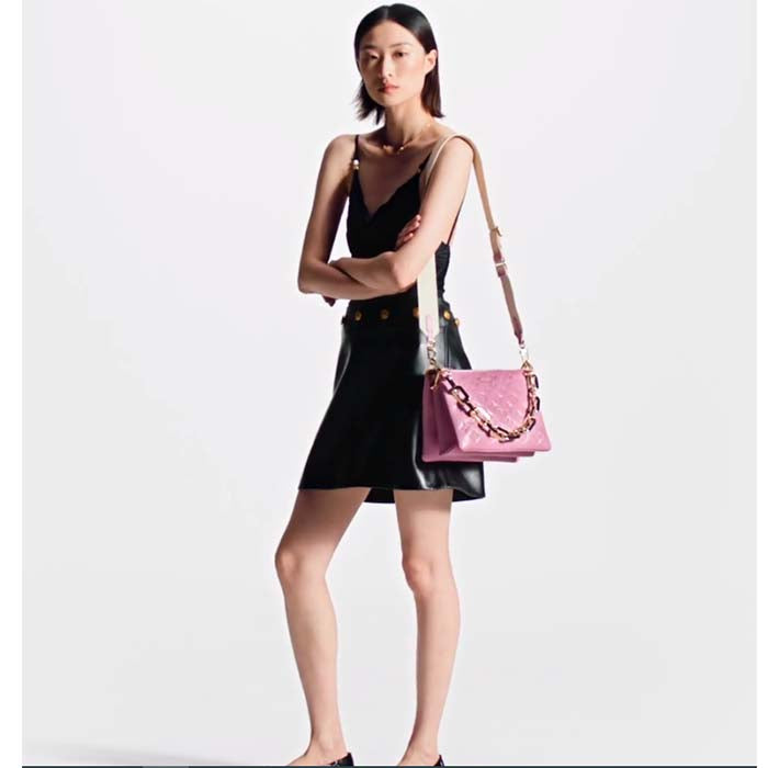 Louis Vuitton LV Women Coussin PM Handbag Rose Bonbon Pink Lambskin Cowhide Leather