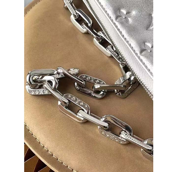 Louis Vuitton LV Women Coussin PM Handbag Silver Lambskin Cowhide Lining