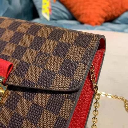 Louis Vuitton LV Women Croisette Chain Wallet Scarlet Red Damier Ebene Coated Canvas