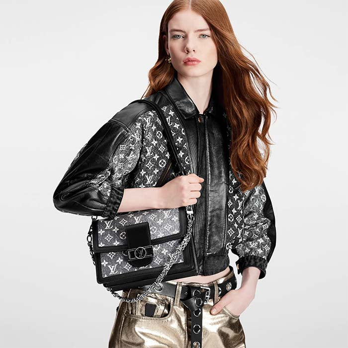 Louis Vuitton LV Women Dauphine MM Handbag Gray Denim Textile Jacquard