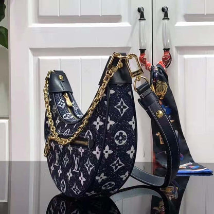 Louis Vuitton LV Women Half-Moon Loop Baguette Handbag Navy Blue Denim Jacquard