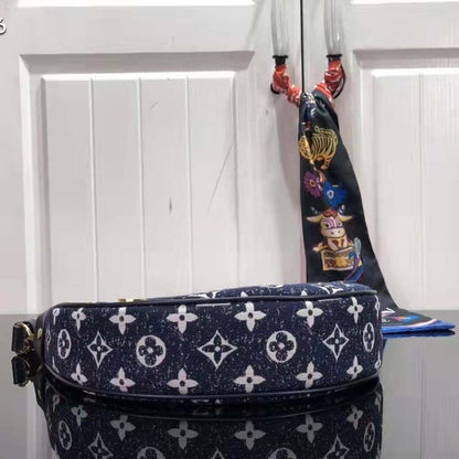Louis Vuitton LV Women Half-Moon Loop Baguette Handbag Navy Blue Denim Jacquard