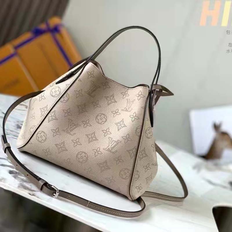 Louis Vuitton LV Women Hina PM Bucket Bag Gray Mahina Perforated Calf